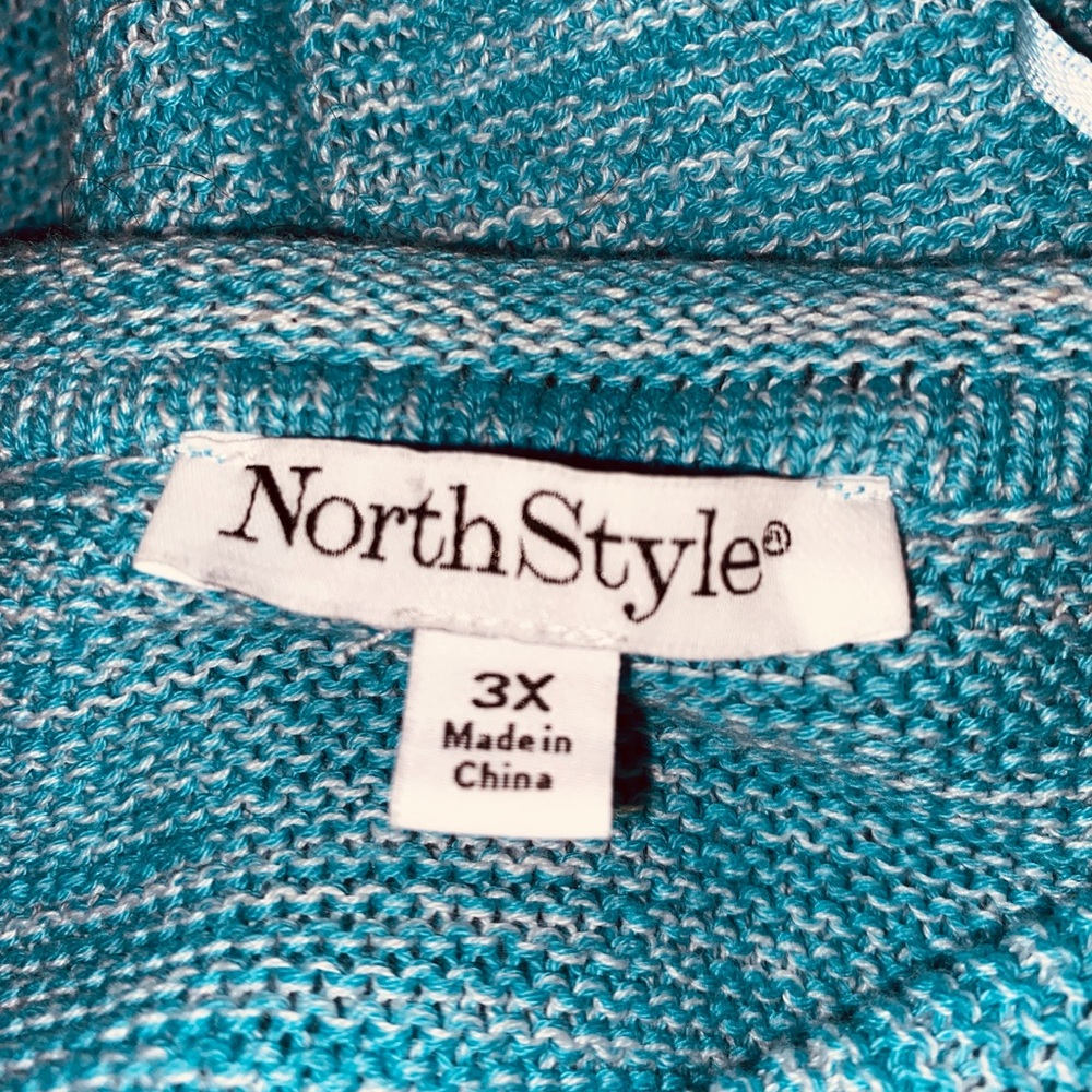 Cardigan Sweater 3X Teal Knit Open Long 1-Button Rolled Trim V-Neck Cottagecore - Picture 3 of 14